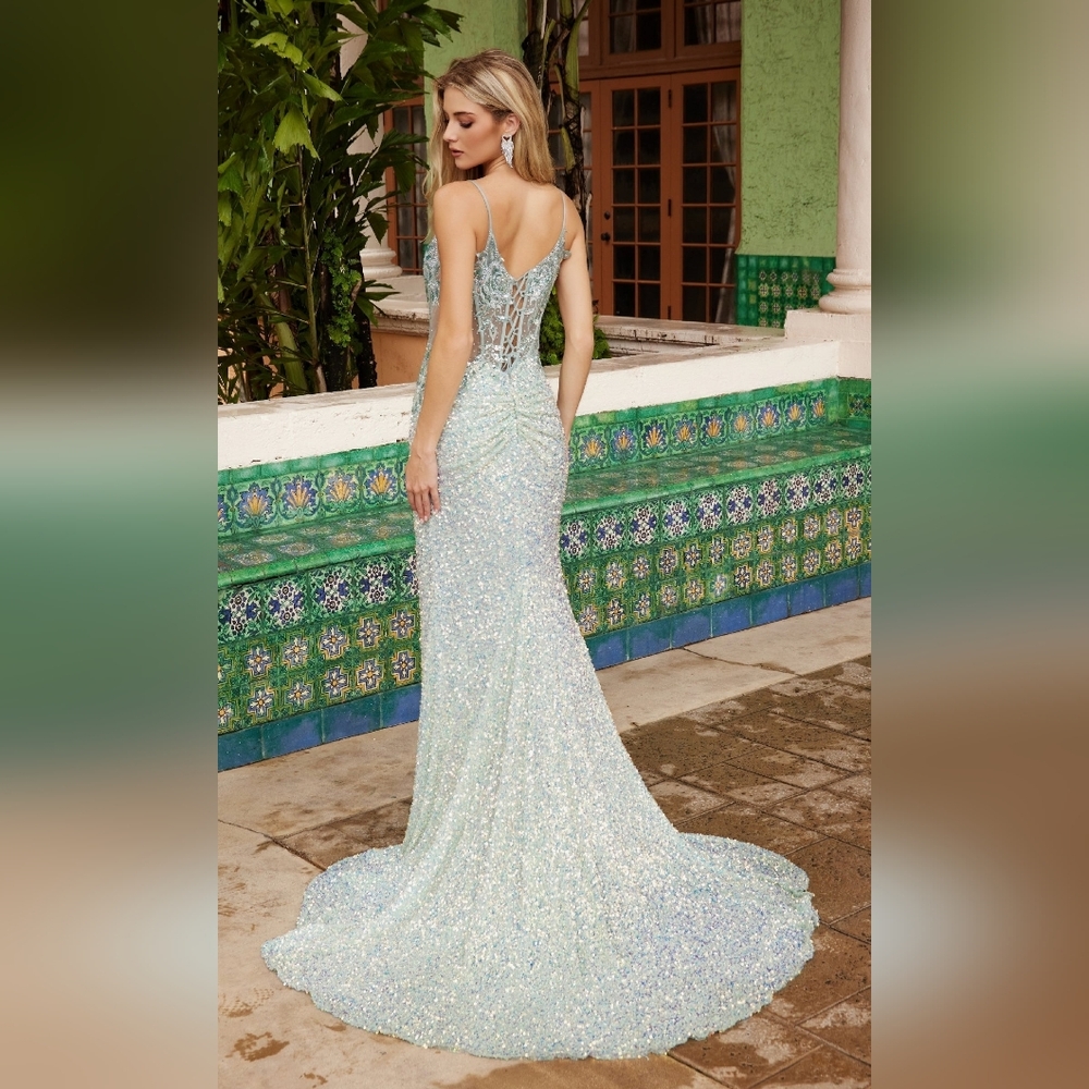Lace-Up Long Sequin Prom Dress: Nox Anabel G1655